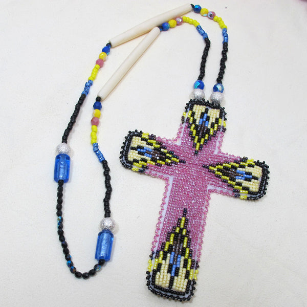 Large Beaded Cross Necklace Pink