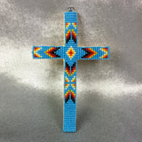 Beaded Cross Necklace Pendant Turquoise Blue