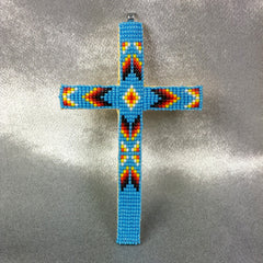 Beaded Cross Necklace Pendant Turquoise Blue
