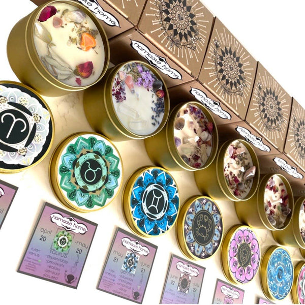 Namaste Home - 12 Pack of Zodiac Candles, 1 of Each Sign, Crystal Candles