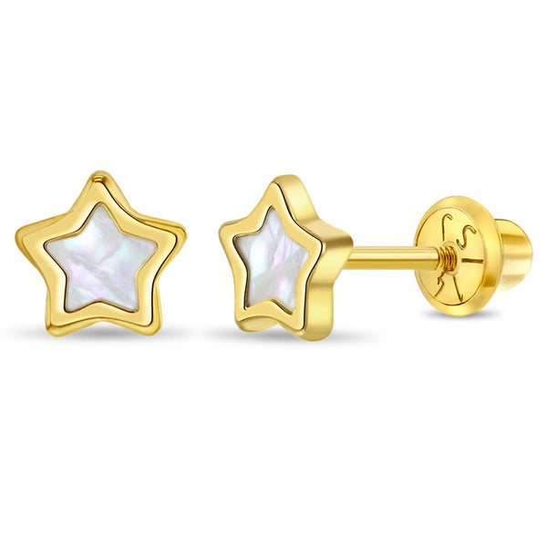 In Season Jewelry - Mother of Pearl Star Toddler Kids Girl Earrings - 14k Gold