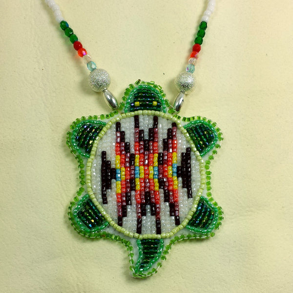 Beaded Turtle Necklace White and Brown