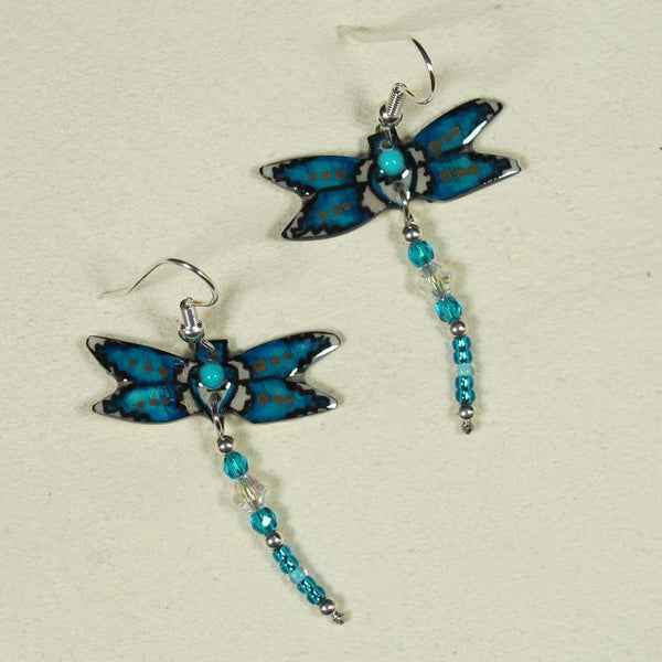 Turquoise Blue & White Dragonfly Antler Earrings