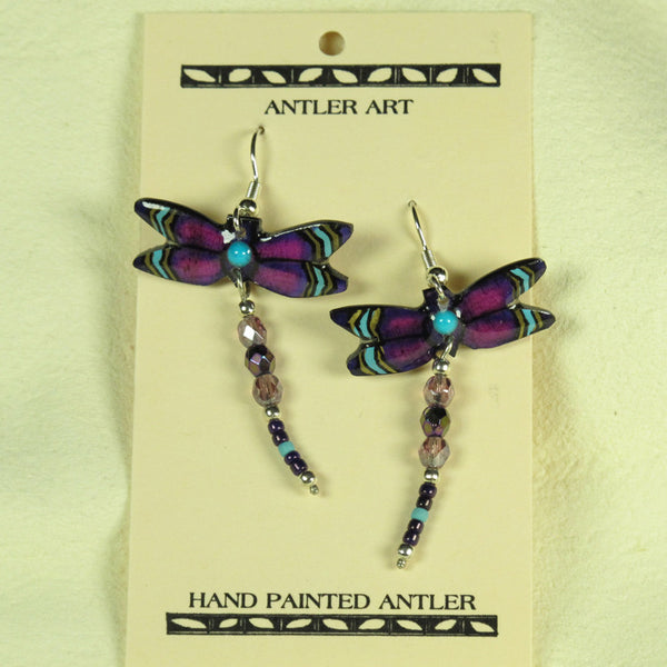 Purple Dragonfly Antler Earrings