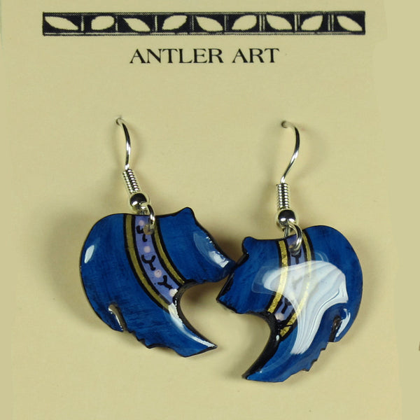 Grizzly Bear Blue Antler Earrings - Hand Painted