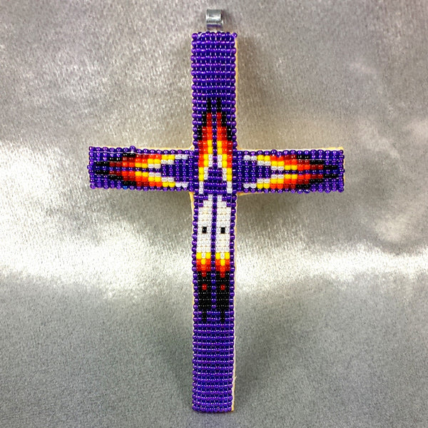 Beaded Cross Necklace Pendant Iridescent Purple