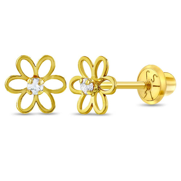 In Season Jewelry - Open CZ Flower Baby / Toddler / Kids Earrings - 14k Gold